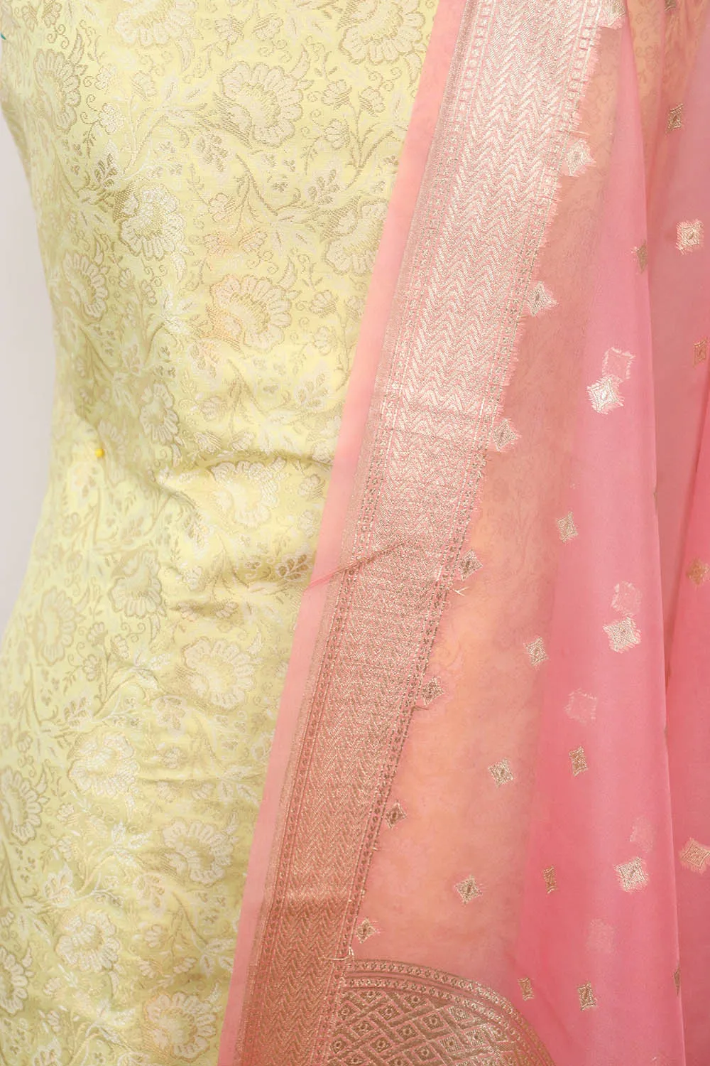 Yellow Banarasi Brocade Silk Suit With Pink Banarasi Organza Dupatta