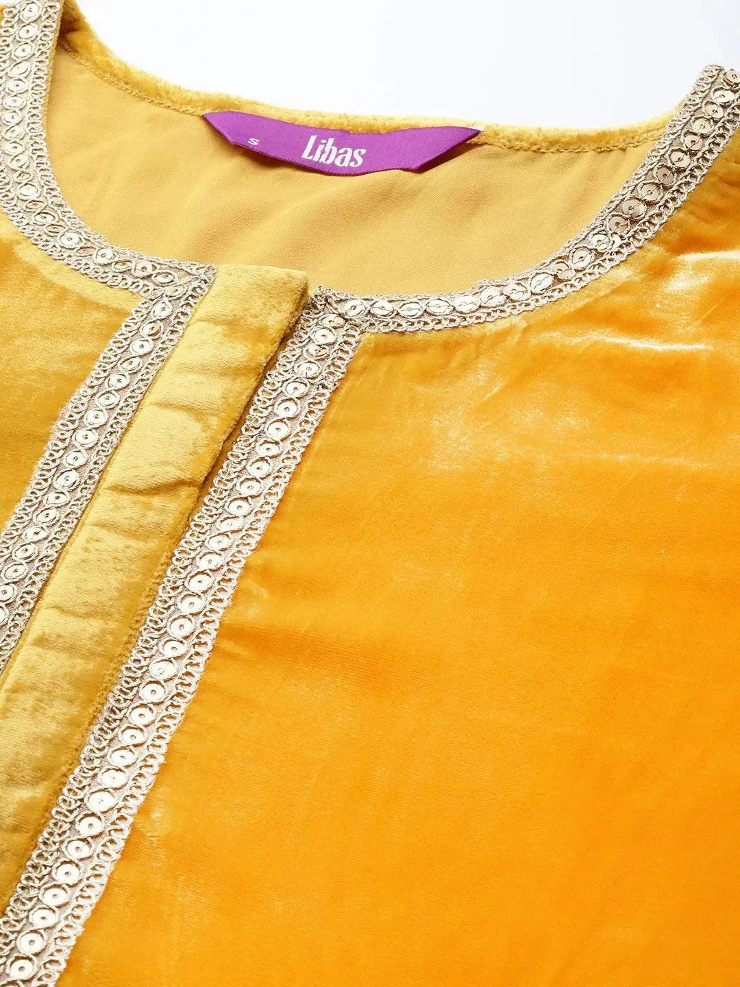 Yellow Yoke Design Velvet Straight Kurta With Skirt & Dupatta