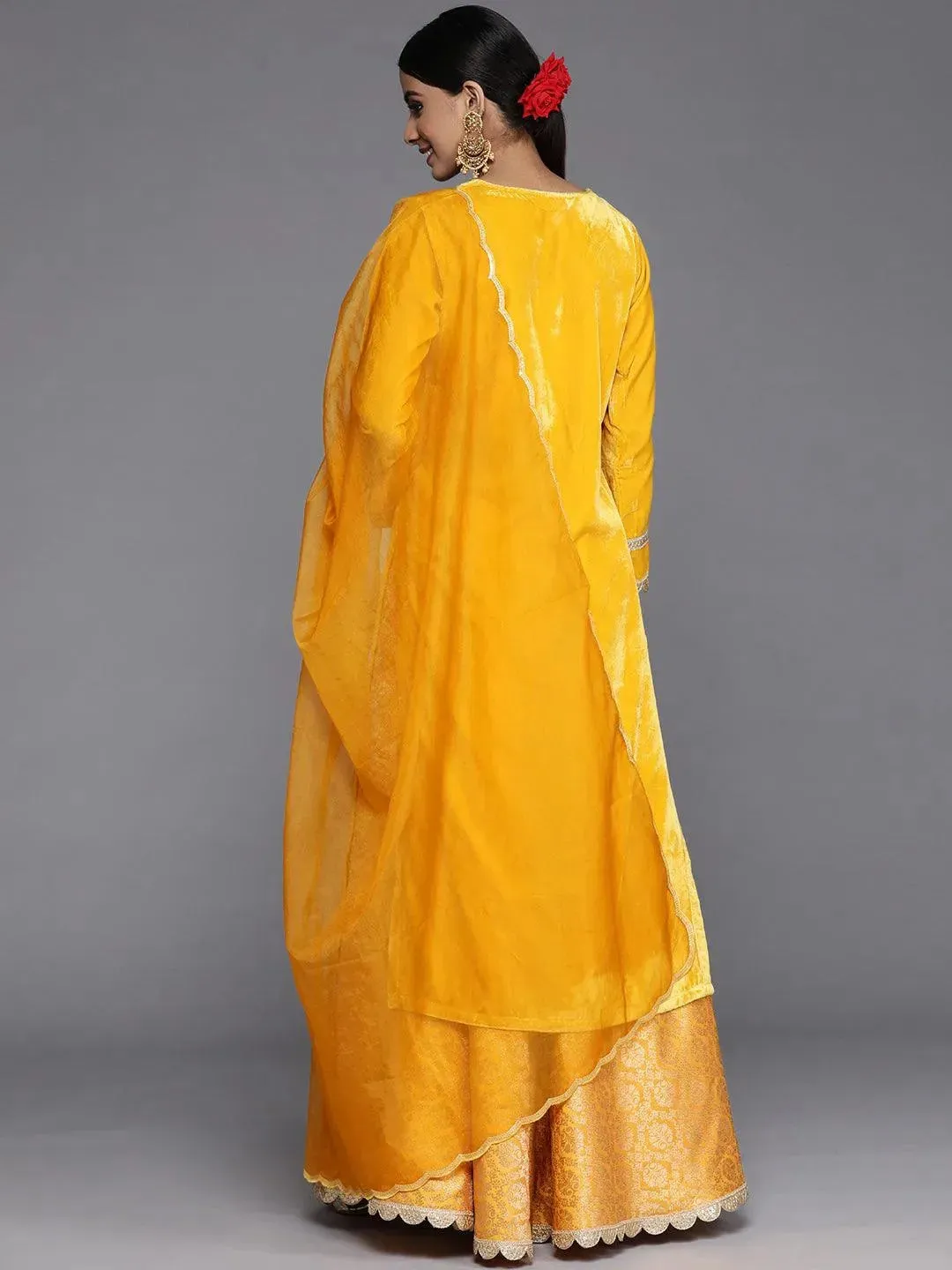 Yellow Yoke Design Velvet Straight Kurta With Skirt & Dupatta