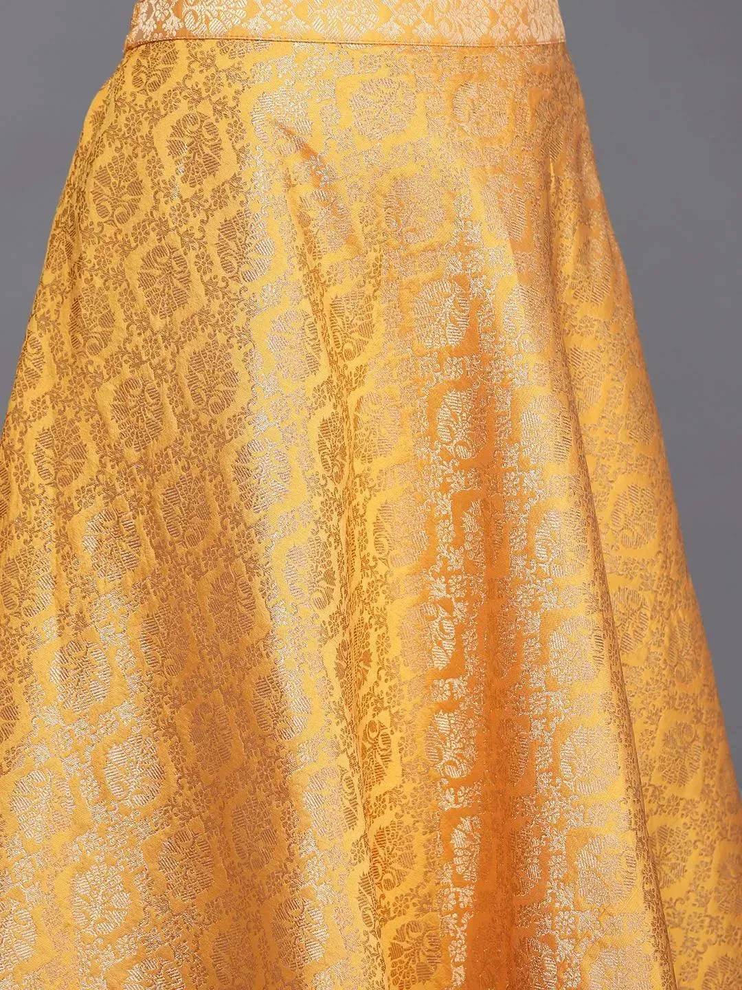 Yellow Yoke Design Velvet Straight Kurta With Skirt & Dupatta